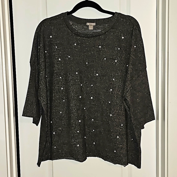 Falls Creek Sweaters - Falls Creek Charcoal Gray Sweater w/pearls, raw edge sleeves & bottom edge 2X